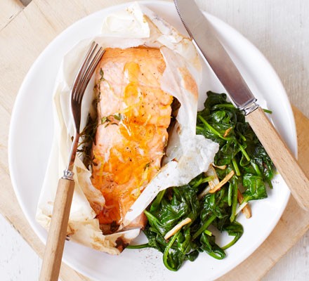 Honey & lemon trout with wilted spinach recipe 