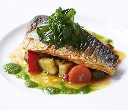 Pan-fried sea bass with ratatouille & basil recipe