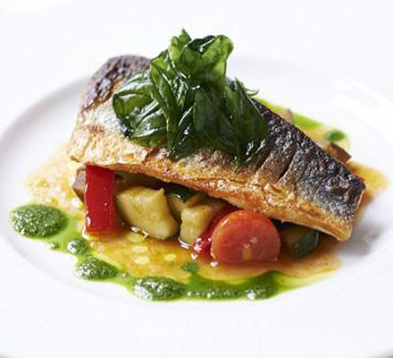 Pan-fried sea bass with ratatouille & basil recipe 