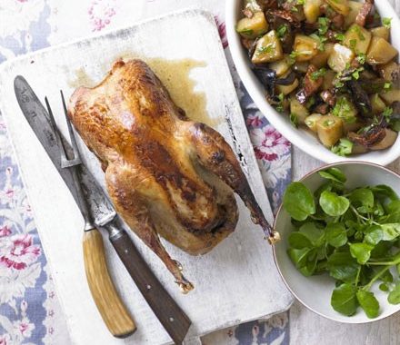 Roast pheasant with wild mushroom, potato & bacon ragout recipe