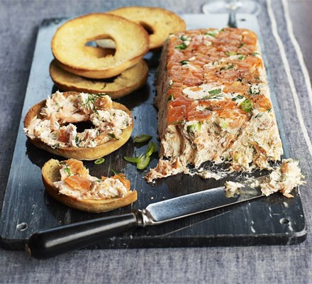 Poached & smoked salmon pâté with bagel toasts recipe 