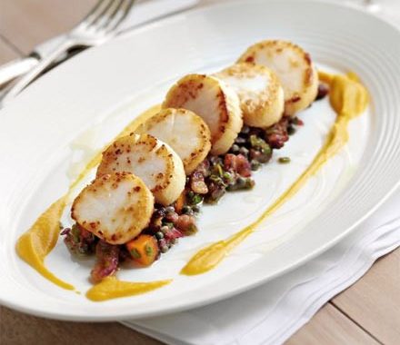 Pan-fried scallops with butternut squash two ways recipe