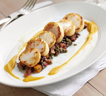 Pan-fried scallops with butternut squash two ways recipe 