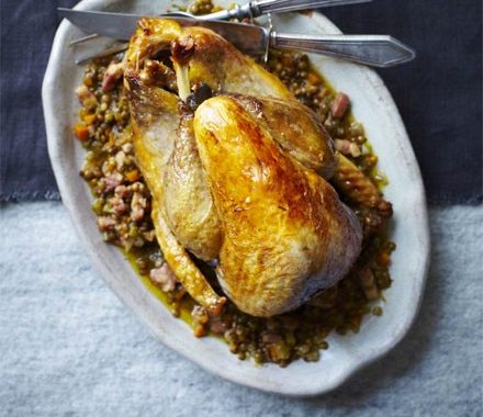 Pot-roast guinea fowl with lentils, sherry & bacon recipe