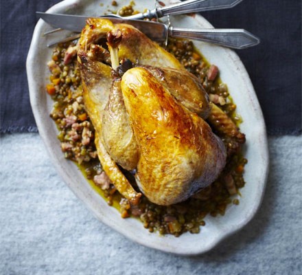 Pot-roast guinea fowl with lentils, sherry & bacon recipe 