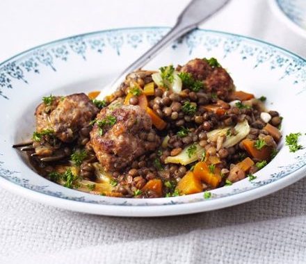Sausage & fennel meatballs with lentils recipe