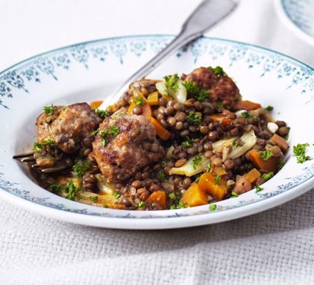 Sausage & fennel meatballs with lentils recipe 