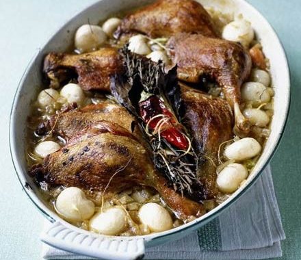 Tender duck legs with baby turnips recipe
