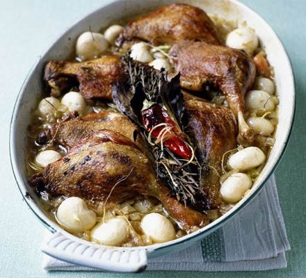 Tender duck legs with baby turnips recipe 