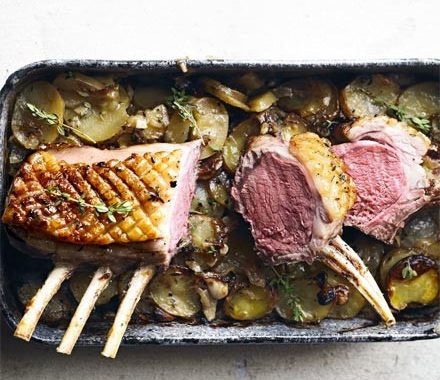 Rack of lamb with new potato, onion & thyme gratin recipe