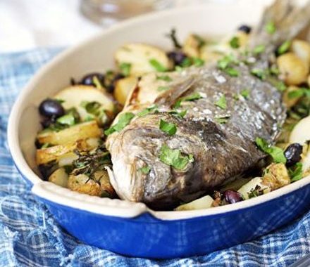 Whole roast bream with potatoes & olives recipe