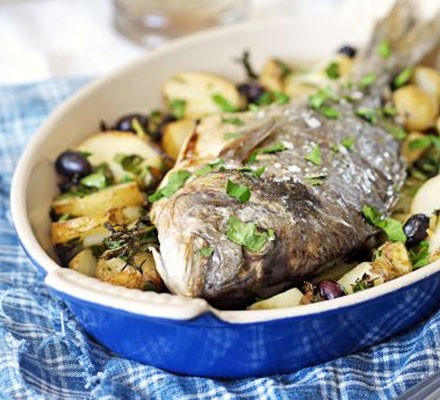 Whole roast bream with potatoes & olives recipe 