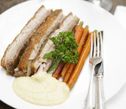 Twice-cooked pork belly with an onion & apple velouté recipe