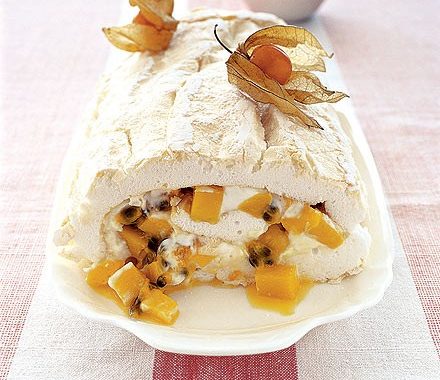 Mango & passion fruit meringue roulade recipe