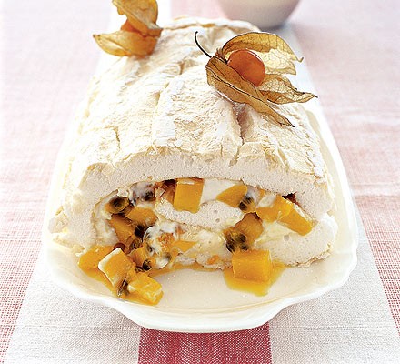 Mango & passion fruit meringue roulade recipe 