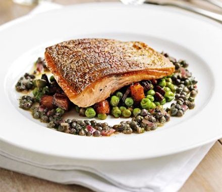 Pan-fried sea trout, peas & chorizo fricassée recipe