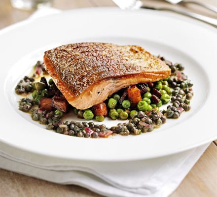 Pan-fried sea trout, peas & chorizo fricassée recipe 