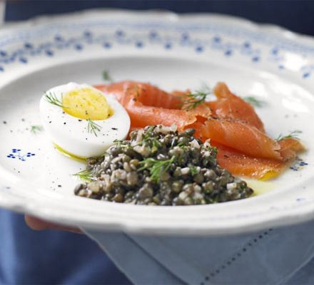 Smoked salmon with lentil salad recipe 