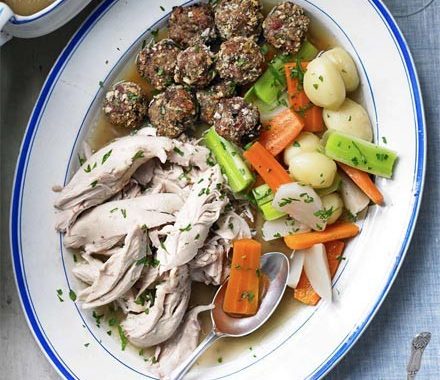 Poule au pot with stuffing balls & garlic cream recipe