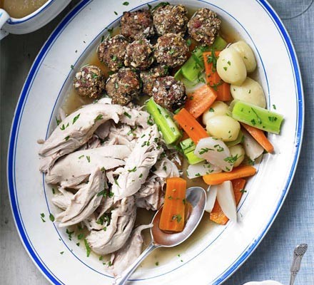 Poule au pot with stuffing balls & garlic cream recipe 