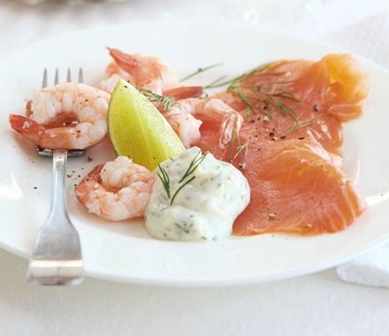 Salmon & prawns with dill & lime aïoli recipe