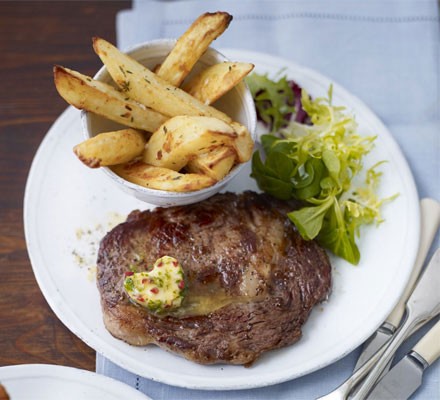 Rib-eye steaks with chilli butter & homemade chips recipe 