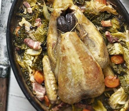 Pot-roast guinea fowl with cabbage & bacon recipe