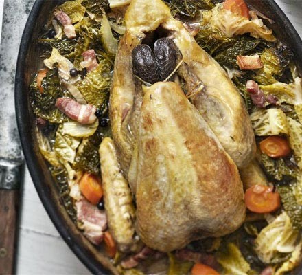 Pot-roast guinea fowl with cabbage & bacon recipe 