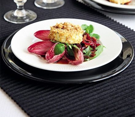 Baked goat’s cheese with hazelnut crust & balsamic onions recipe