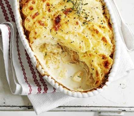 Creamy potato gratin with caramelised onions recipe