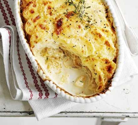Creamy potato gratin with caramelised onions recipe 