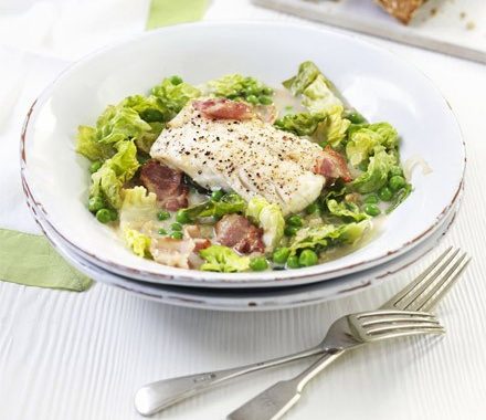 Cod with bacon, lettuce & peas recipe