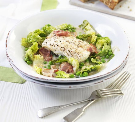 Cod with bacon, lettuce & peas recipe 