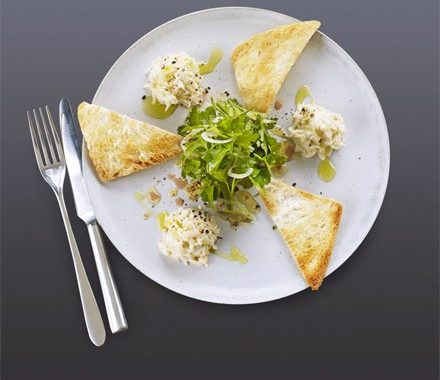 Crab mayonnaise with Melba toast & herb salad recipe