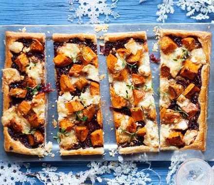 Roast sweet potato & onion tart with goat’s cheese recipe