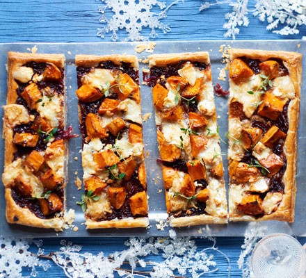 Roast sweet potato & onion tart with goat’s cheese recipe 