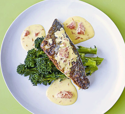 Crisp sea bass with grapefruit hollandaise recipe 