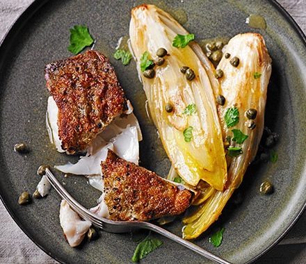 Braised chicory with pan-fried home salt cod recipe