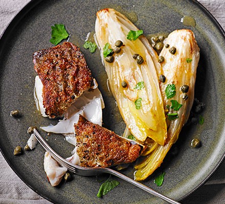 Braised chicory with pan-fried home salt cod recipe 