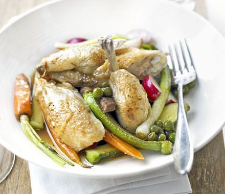 Lemon roast poussin with spring vegetables recipe