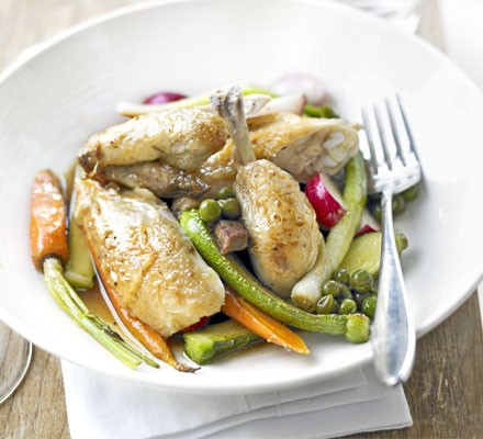 Lemon roast poussin with spring vegetables recipe 