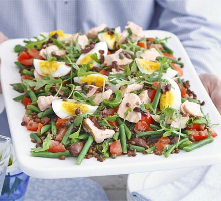 Salmon & puy lentil salad with olive dressing recipe 