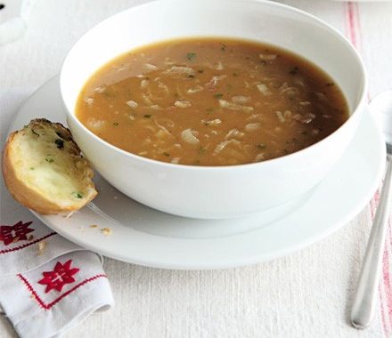 Onion soup with herby garlic cheese bread recipe