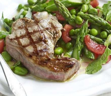 Warm salad of spring vegetables with griddled lamb recipe