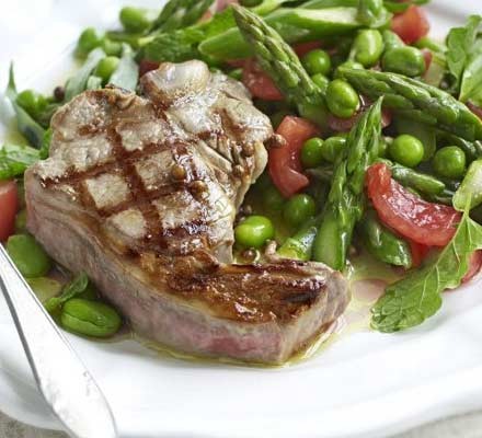 Warm salad of spring vegetables with griddled lamb recipe 