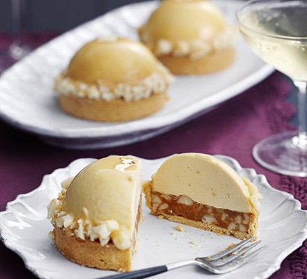 Caramelised white chocolate, ginger caramel & macadamia tarts recipe 