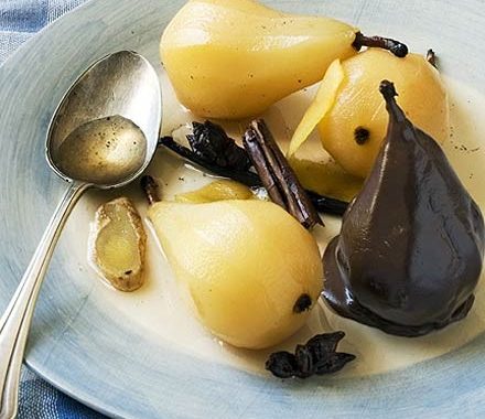 Spiced poached pears in chocolate sauce recipe