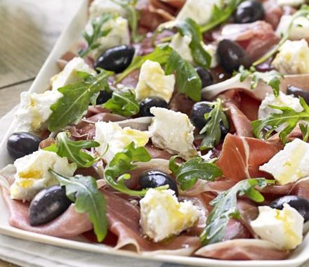 Serrano ham, olive, feta & rocket platter with homemade crostini recipe