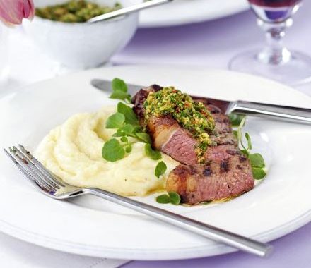 Griddled rump steak with watercress, hazelnut & red chilli pesto recipe