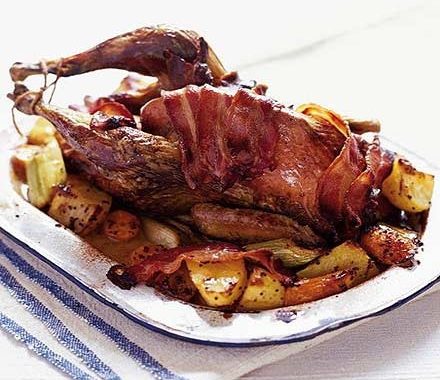 Guinea fowl with mustard & lemon roots recipe